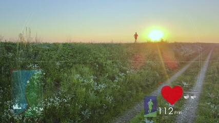 Health application overlay HUD with data on distance and heart rhythm digitally embedded over a sporty athlete during running training - Powered by Adobe