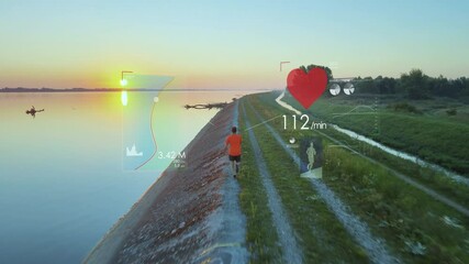 Athletic male jogger runs along lake shore at sunset and uses sports app to display health data and statistics on heart rate and a map. Digital overlay infographics. - Powered by Adobe