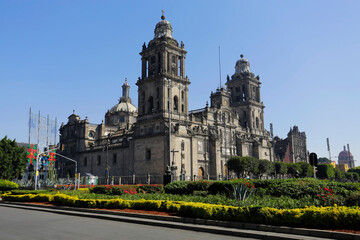 Fototapeta na wymiar The Metropolitan Cathedral is seen during a blue sky sunny day in downtown Mexico City, DF, Mexico.