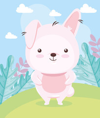 Kawaii rabbit animal cartoon on landscape design, Cute character and nature theme Vector illustration