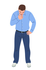 A man in a shirt and jeans stands and tries to make a difficult decision. A businessman is looking for a solution to a difficult business problem.