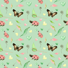 Seamless pattern. Watercolor hand painted butterfly, ladybird, pink and green leaves, butterfly net, hearts. Perfect for printing on to fabric, design packaging and cover. Green background
