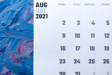 August 2021 calendar. August monthly calendar on blue background