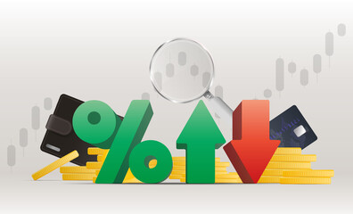 Financial trading banner. Percentage with up and down arrows, gold coins, bank card, magnifier. Stock market investment trading concept. Vector illustration.