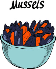 mussels food, hand drawn vector illustration and lettering isolated on white background. Concept for logo, menu, cards print 