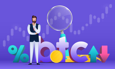 Trading on the bitcoin exchange. A businessman is pondering an idea. Percentage with up and down arrows. Wallet, bank card, graph, magnifier. Vector.