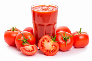 Tomato juice in a glass and tomatoes with green sepals