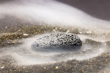 Smoke whirling around small meteorite stone