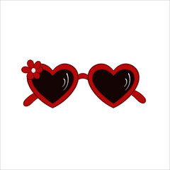 Cute sunglasses red glasses in the shape of a heart, decorated with a white flower. Vector illustration in flat style, isolated on a white background. Fashionable women's accessory.