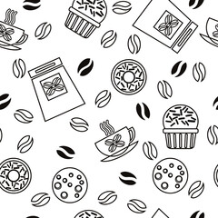 Geometric seamless pattern with coffee beans, glazed donuts with chocolate sprinkles, cookies and cups of aromatic coffee.