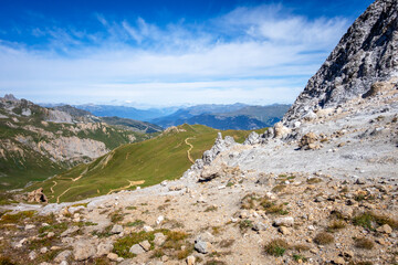 Fototapeta na wymiar Mountain landscape and Mone Pass in Pralognan la Vanoise, French alps
