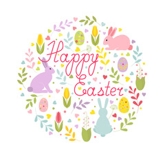 Easter card with cute cartoon bunnies, twigs, hearts, Easter eggs, flowers  and polka dots. Isolated vector illustration on white background.