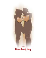 Vector illustration of Happy Valentine's Day concept banner with couple, hearts, ribbons on abstract background.