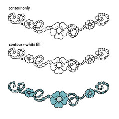 Set of hand drawn cute borders with flowers, swirl pattern, pearls and beads in three versions. Isolated decorative vector illustration	