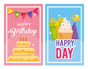 Happy birthday cake and muffin in banners design, Celebration surprise and party theme Vector illustration