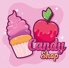 Candy shop cupcake and apple design, Sweet food dessert delicious and sugar theme Vector illustration