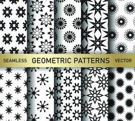 Set of seamless vector geometric patterns. Collection black and white abstract geometrical backgrounds for design, fabric, textile, wrapping etc.	