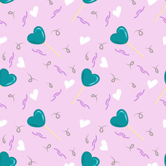 Seamless pattern for Valentines Day with lollipops, delicious candies and squiggles in the form of cartoon hearts. Vector illustration for Valentines Day greeting cards