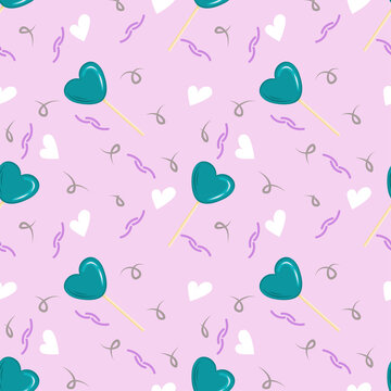 Seamless pattern for Valentines Day with lollipops, delicious candies and squiggles in the form of cartoon hearts. Vector illustration for Valentines Day greeting cards