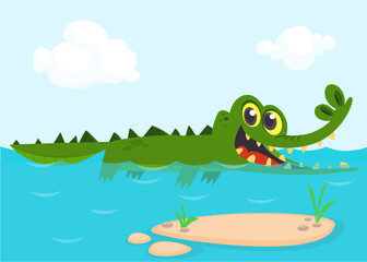 Obraz premium Funny green crocodile cartoon swimming. Vector illustration isolated
