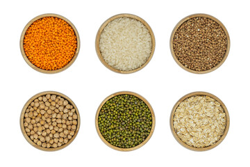 Variety of Cereal grains , seeds, beans isolated on white