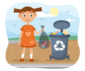 Young girl disposing of a bag of garbage placing it in a wheelie bin for recycling, colored cartoon vector illustration
