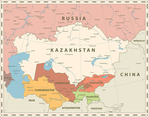 Fototapeta na wymiar Central Asia Political Map Retro Colors