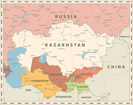 Central Asia Political Map Retro Colors