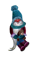 A cheerful Scandinavian gnome in a pink suit with a teddy bear in his hands. Christmas cartoon elf. Watercolor illustration isolated on a white background.