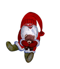 A cheerful Scandinavian gnome in a red suit with a teddy bear in his hands. Christmas cartoon elf. Watercolor illustration isolated on a white background.