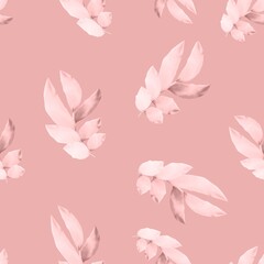 Seamless pattern. Watercolor stems with leaves on a pink background. Endless illustrations for print, etc.