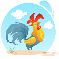 Cute vector cartoon rooster illustration isolated