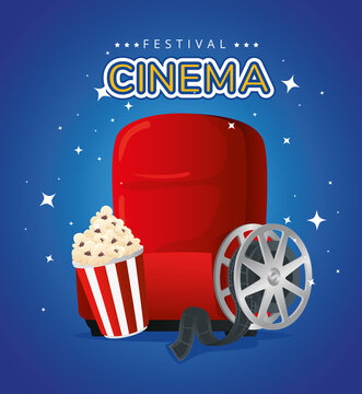 Cinema chair popcorn and reel design, Movie video film media entertainment theme Vector illustration