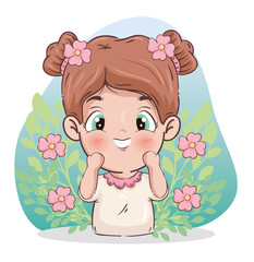 Girl cartoon with flowers and leaves design, Kid childhood little and people theme Vector illustration
