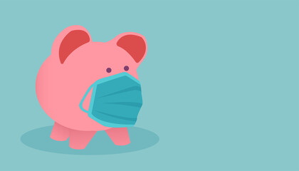 Vector of a piggybank wearing face mask isolated on blue background.