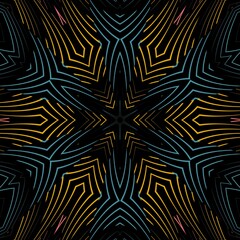 Patterns and designs from pink blue and yellow wavy lines on black background