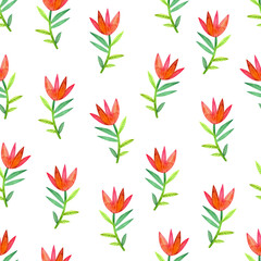 Seamless pattern with stylized watercolor flowers on a white background.