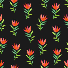 Seamless pattern with stylized watercolor flowers on a black background.