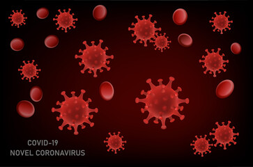 On a black background, the virus molecules are among the red blood cells in the bloodstream of an infected person.