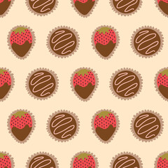 Chocolate Box Pattern Creme. Seamless vector pattern of chocolate truffles and chocolate dipped strawberries for Valentine's day.