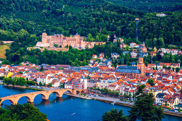 Heidelberg skyline aerial view from above. Heidelberg skyline aerial view of old town river and bridge, Germany. Aerial View of Heidelberg, Germany Old Town. Video of the aerial view of Heidelberg.