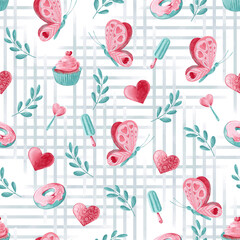 Romantic seamless pattern in pink and mint colors with hearts, butterflies and sweets. Valentines day hand drawn love background. Wallpapers, wrapping, textile, wedding, branding