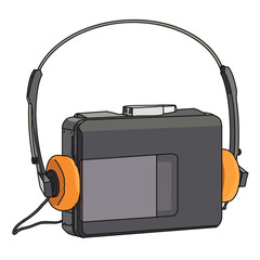 Black walkman cassette player with retro headphones  - obrazy, fototapety, plakaty
