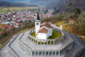 The aerial view of italian military memorial of 1. world war in Caporetto (Karfreit) or Kobarid in Slovenia, Europe