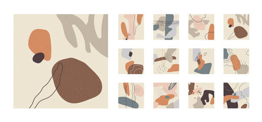 Minimalistic abstract vector illustrations in contemporary style. 12 editable compositions for monthly calendar, cover, poster, invitation, card. Pastel colors and textures. Abstract backgrounds set.
