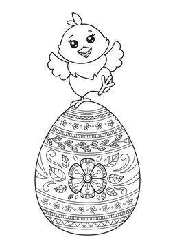 Easter chick on the egg doodle coloring book page