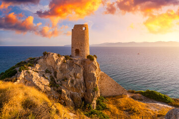 Torre del Prezzemolo, an old coastal tower in Cagliari, Sardinia, Italy. - obrazy, fototapety, plakaty