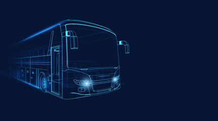 Wireframe of grand tour bus moving fast on a dark blue background - obrazy, fototapety, plakaty