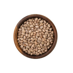 Raw brown beans on a wooden bowl isolated over white background
