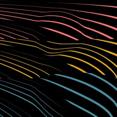 Patterns and designs from pink blue and yellow wavy lines on black background